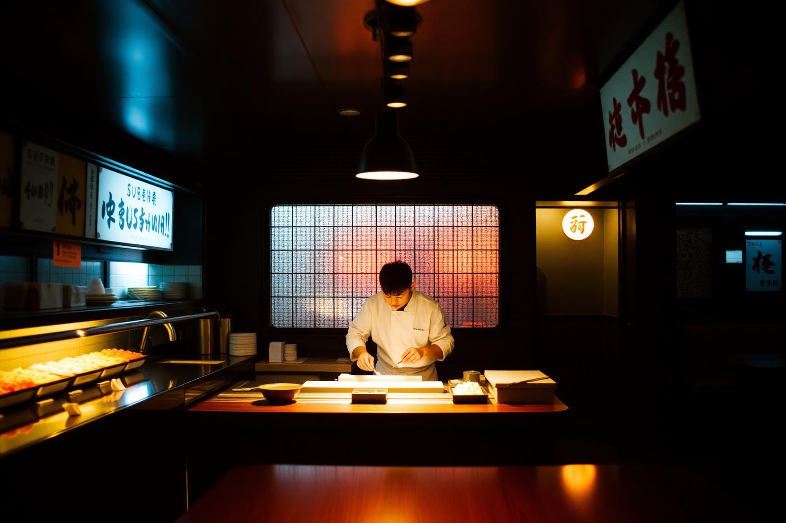 Sushi chef working a counter in a dimly lit Japanese restaurant in Bronte
