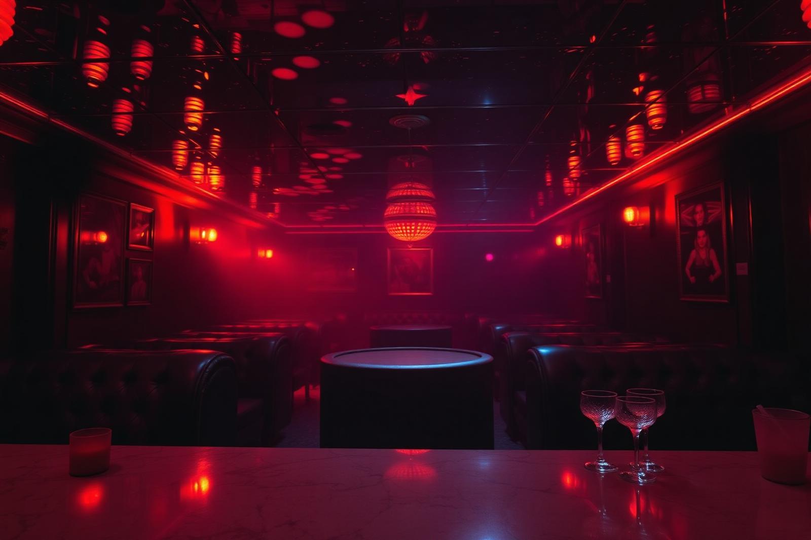 Dark intimate underground 1970s style disco bar with red lighting