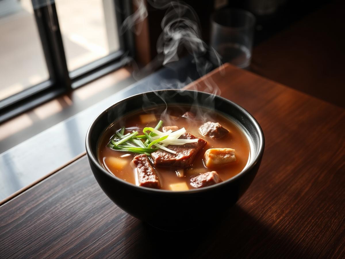 Steaming bowl of Korean beef soup on a dark wooden counter